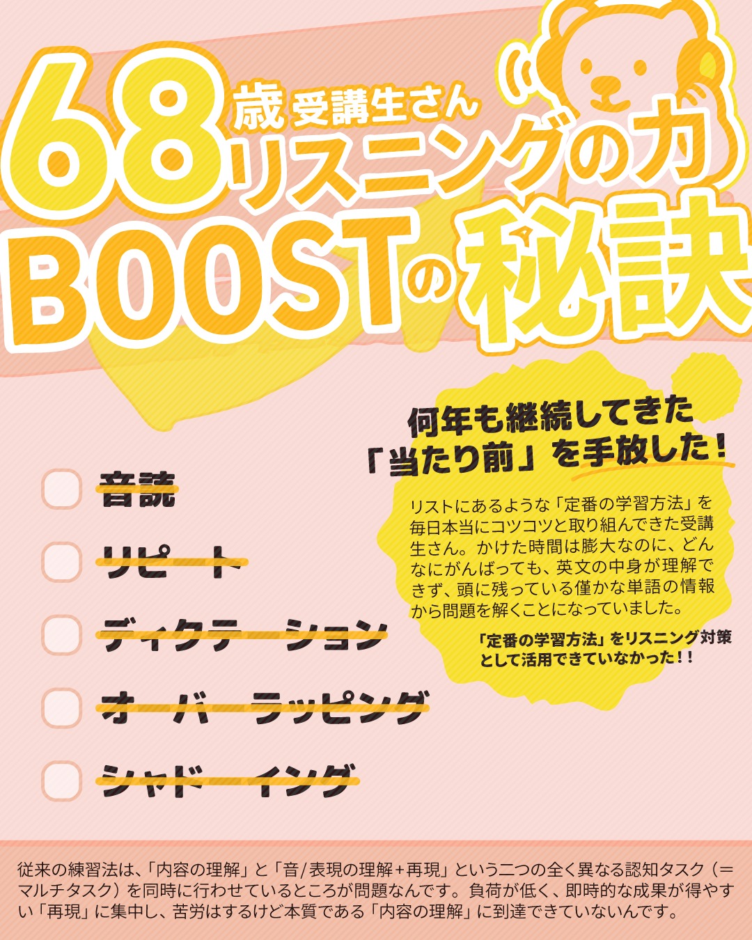 こんにちは！しろくまスタディセッションのコヤマケイコです🐻‍❄️
リスニング力（＝ただ聴くだけではなく、内容を耳で聴いて汲み取る力）が急に改善した受講生さん（68歳）がいたので、これからリスニング対策シリーズとしてまとめていきます🎵
従来のリスニング対策方法というと、画像にある通り、
・音読
・リピーティング
・ディクテーション
・オーバーラッピング
・シャドーイング
をされている方が多いんじゃないかと思います。
（それに加えて参考書や過去問の問題を解く！ですね。）
しろくまスタディセッションの方針では、以前から「ながら聴き」をリスニング対策にはカウントしないで！といい続けているのですが…

最近、これらの従来の対策方法って「究極の"ながら聴き"リスニング対策」なんだと思い始めていて👀
これらのやり方って、どれも「言いながら聴く」とか「書きながら聴く」になってるじゃないですか！？
それに気づいて、「なんで、世の中にいるプロの英語コーチ陣って、これらの対策を進めるんだ？」と疑問に思ったんです。
一般書籍にもどーんと「リスニングができるうようにはディクテーションが大事！」とか「シャドーイングが大事！」と書かれていますよね。
でも効率的な勉強を指南する本などでは、「ながら聴きはやめましょう」とも書かれていますよね。矛盾してないか！？と思ったんです。

わたし、ふだんは「ながら聴き」って集中力を妨げるので一切やらないんですが、このあいだ試しに「Youtubeのニュースチャンネルを聴きながら」「添削する」をやってみようと思ったんです。
（あまりにも「ながら聴き」をする学習者さんが多いので実践😂）
結果としては、どっちの内容も、まったく頭に入ってこない！
これってかなり訓練すればできるようになるもの？そういう場合もあるのかもしれませんが、シンプルに１つのタスクに集中したほうが、早く終わるなって、実体験をもって、改めて確信しました。

それもあってこの表題の受講生さんには「ながら聴き」にあたるようなリスニング対策ではなく、違うアプローチをすることをオススメしたんです。
それで１ヶ月後…聴き取れる情報の量がまるっと変わっていて！！
知らない単語はあって当然、だけどそのなかでも「概要をつかむ」ということに注力できるようになっていて✨
ご年齢も、どちらかといえば高齢で、（本人もよくおばあちゃんと自称されるのですが）、脳の処理能力は年齢とともに低下する…という一般でよく言われそうなことを、覆しているところにも驚きで！！
やっぱリスニング対策は、やり方の問題なんだな～って。自分の考えているリスニング対策が、68歳の受講生さんにドンピシャはまったことで、自信を持って発信できそうな気がしました。
それで「表題に使わせてください！！」ってお願いしちゃいました✌笑

こちらはシリーズものの投稿なので、また後日、音読から順番に説明していきます🎵
お楽しみに～！✨✨

---
しろくまスタディセッションは、事業主であるコヤマ ケイコが一人で行っている個人事業です。
下は小学校３年生から、上は古希を迎える方まで！幅広い方に英語学習のサポート（＝ティーチング・コーチング）を提供し、同時に効果的に学習するための教材・学習ツールの開発を行っています🐻‍❄️✨
メール・ラインやビデオセッションを通じて、オンライン個別指導を提供しています。
英検対策、学校の授業対策、受験対策など、あらゆるニーズに対応しており、効率的に目標達成するために、受講生さん１人１人に必要なことを考え、オーダーメイドのカリキュラムを組んでいます。
英作文と要約の添削、リスニング・リーディング対策、スピーキング対策どれでも共通して、詳細なフィードバックを通して、できること・苦手なことを可視化し、取り組むべきことを明確にします🎵

🐻‍❄️提供サービス
・英検対策（全級対応）
・英語学習全般（文法、語彙、リスニング、ライティング、スピーキング）
・学校の授業対策（小学生～高校生）
・大学受験対策（英語）
・学習計画作成
・教材選び

ウェブサイトには、プロフィールのリンクから、簡単にアクセスしていただけます🐻‍❄️✨️
▶ @shirokuma_study_session

---

#英検1級英作文 #英検1級2次 #英検対策 #英作文 #英検1級 #英検準1級 #英検 #受験勉強 #受験英語 #小学生の英検 #中学生英検 #高校生英検 #英検2次 #英検1級2次 #英検準1級二次試験 #英検1級合格を目指す会🌸 #英検2級 #英検準2級 #児童英語 #ホームスクーリング #おうち英語 #ホームスクーラー #英語育児 #シニア英語 #大人のやり直し英語 #英語勉強法 #リスニング対策