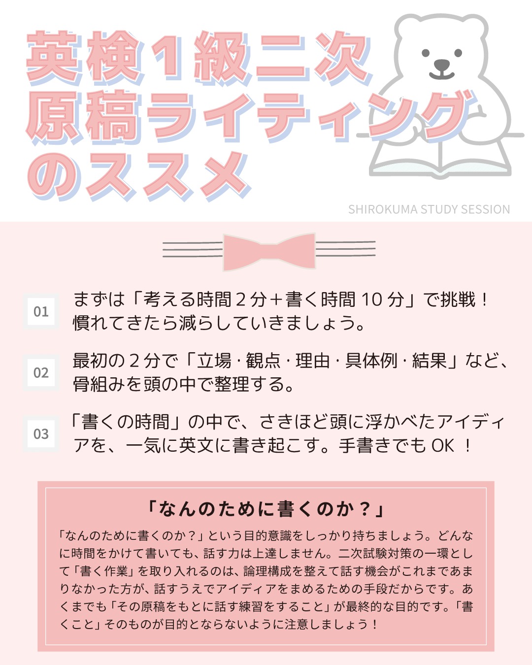 こんにちは！しろくまスタディセッションのコヤマ ケイコです🐻‍❄️✨
今日は「スピーチ原稿ライティングのススメ」について書きました！１級の二次試験を想定した内容ですが、準１級や２級のQA対策も同じ考え方になりますので、ぜひチェックしてください🎵

英検１級二次試験対策の方法に、原稿を英作文するという手段があります。
ただしこれはコツがある！かならず「即興スピーチ」に結びつけなければいけないということです。
書くことが目的なのではなく、「早くアイディアを出せるようにすること」「早く表現を思い出せるようにすること」「自分が言える範囲の表現でまとめること」が大事なのです。

わたしのおすすめは、10分程度で原稿を作成できるように練習することです💮
でも、ここで大事なのは「ただ書くだけ」にならないこと。
原稿ライティングの本当の目的は、「即興スピーチにおいて、自分の考えをすばやく１分でまとめて、２分で伝えられるようになること」ですから、試験本番のためにならないような作業は避けたいです✨
（例えば、原稿を書くときに、「この表現はどうかな？」とか、「この表現はどうかな？」とか、そういうことを考えてしまうと、時間がかかりすぎてしまいますし、本番ではできないこと実践することになりますね。）

つまり、「書くこと」そのものがゴールじゃなくて、
・早くアイディアを出せるようにすること
・必要な表現をすぐ思い出せるようにすること
・自分が言える範囲の英語でまとめること
この３つがとても大切なんです💡

だから、原稿を書くときも「本番のつもりで時間を決めて」「まず１分で考えをまとめて」「そのあと一気に書き起こす」練習をしてみてください！トータル10分くらいになるといいですね🎵

ここで大事なのが「考えながら書く」のではなく、「まず考えをまとめてから書く」という方法です。
具体的には、最初の１分で「自分の意見」「理由」「具体例」「結果」など、スピーチの骨組みである「理由２つ」を頭の中でしっかり整理します。この時点では書かず、頭のなかでふくらませるだけにしましょう。本番でもそうですから！
※なお、１分である理由は、試験の考える時間が１分未満だからです。実際は30~40秒くらいになると思います。

そのあと、残りの時間を使って「さっき考えたアイディアを、英文で一気に書き起こす」んです。トータル10分くらいにしたいので、９分程度を目標に！
このとき、「この具体例はどうかな？」とか、「この表現はどうかな？」とか、そういうことを考えて手を止めてしまうと、本番ではできないこと実践することになるのでやめてくださいね。時間も大幅にかかってしまうと思います。これも２分スピーチには非現実的！

慣れるまでは「考える時間を２分」、「書く時間を10分」にしてもOKです。
慣れてきたら「１分以内で構成を考えて、９分で原稿を作る」練習をしてみてください。もっと慣れたら、30秒で考えるというふうにすると、さらにスピーチ対策として現実的なものになります💮
このように常に時間を意識することで、本番でも落ち着いて、自分の考えをしっかり伝えられるようになります🐻‍❄️💮

なお書いた英作文をAIに添削してもらうとき、「表現が自分のものから大幅に変わる」場合は要注意！
AIに英作文を添削してもらうのはとても便利なんですが、「自分が普段口頭表現として使わない馴染のない表現」や「難しすぎるフレーズ」に大幅に書き換えられてしまうと、音読練習を積んでも、実際の場面で口からスムーズに出てこない…ということがよく起こります。
「自分が言えそうな表現」「自分のレベルに合ったフレーズ」を中心に添削を受けるのがオススメです✨
そのためには、AIをうまく調教するか、人間に頼みましょう💮

あと、AIで英作文を添削してもらうと、どうしても「文法の細かいミス」や「単語の使い方」など、細部ばかりチェックされることがあります。
でも、実は「全体の構成」や「論理の流れ」「主張がしっかり伝わっているか」「主張方法に矛盾がないか」といった大枠の部分が直せていないことがあります。
実際、受講生さんのなかには英作文やスピーチ原稿をAIで添削をしてきたという方がこれまで複数いらっしゃるのですが、論理構成力が安定しきれていないケースを多く見てきました。せっかく良い内容を思いついてるのに、その言い方じゃ支離滅裂になってしまい、もったいない！という感じなんです。
そのため、AIの添削を使うときは「細かい表現」だけでなく、「全体の流れや構成」も「人力でしっかりチェック！」することが大切です✨

しろくまスタディセッションのオンラインプライベートサポートでは、英作文・要約課題の添削以外にも、スピーキング原稿チェックもしております🎵
もちろんスピーキングのビデオセッションも！英検何級でも準備万端です✨
受講生さん一人ひとりが持つ課題を分析し、アドバイスさせていただき、それをもとに練習経験を積んでもらうことで、たくさんの合格者さんを毎年出しております🎵

#英検1級2次 #英検対策 #英検1級 #英検 #受験勉強 #受験英語 #英検1級合格を目指す会🌸 #おうち英語 #英検二次試験