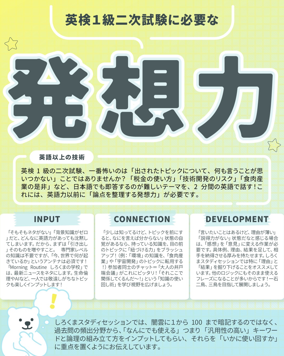 「どうか、練習したあのトピックがでますように…！」
こんにちは！しろくまスタディセッションのコヤマケイコです🐻‍❄️✨
面接カードをめくる瞬間、そんな「神頼み」をしていませんか？ すでにやったことのあるトピックなら話せるけれど、想定外のカードが出たら即終了…なんていう、そんなヒヤヒヤする綱渡りのような二次試験対策はストップ～！！！
どんな球が飛んできても打ち返せるようになるには、単語力よりも「脳内の回路」を整えることが近道です。
５個のトピックを見たときに「何も浮かばない…」ならずに、「自分の持ちネタ、何が使えるかな」という発想に自分を変えることが一番大事！
思考のルートさえできあがっていれば、「あれも言いたい、これも言える！」というポジティブな状態に変わります。

しろくまスタディセッションでは、闇雲に知識を詰め込むのではなく、3つのステップで「思考の瞬発力」を鍛えています。

Step 1：拾う（Input） 
「専門知識」なんて要りません。必要なのは、日々のニュースに対するちょっとした好奇心。 
「へぇ、そうなんだ」で終わらせず、「自分ならどう思う？」というタグを付けて脳内に保存するだけで、それは立派な武器になります！

Step 2：繋げる（Connection） 
ここが合否の分かれ道！
持っている知識を、目の前のトピックにどう結びつけるか。 
これこそが、みなさんに目指してほしい「知識の使いまわし」です！

Step 3：深める（Development） 
「〜だと思います」という１文だけでは、面接官の心は動きません。
そこに「なぜなら」、「例えば」、「結果として」という「論理の肉付け」していく！
一言感想文を、厚みのある「意見」に進化させましょう。
とはいえアイディアごとに理由・具体例・結果ぜんぶを揃えてたらきりがないので、うまく取捨選択するテクニックをお伝えします✨

---
しろくまスタディセッションは、事業主であるコヤマ ケイコが一人で行っている個人事業です。
下は小学校３年生から、上は古希を迎える方まで！幅広い方に英語学習のサポート（＝ティーチング・コーチング）を提供し、同時に効果的に学習するための教材・学習ツールの開発を行っています🐻‍❄️✨
メール・ラインやビデオセッションを通じて、オンライン個別指導を提供しています。
英検対策、学校の授業対策、受験対策など、あらゆるニーズに対応しており、効率的に目標達成するために、受講生さん１人１人に必要なことを考え、オーダーメイドのカリキュラムを組んでいます。
英作文と要約の添削、リスニング・リーディング対策、スピーキング対策どれでも共通して、詳細なフィードバックを通して、できること・苦手なことを可視化し、取り組むべきことを明確にします🎵

🐻‍❄️提供サービス
・英検対策（全級対応）
・英語学習全般（文法、語彙、リスニング、ライティング、スピーキング）
・学校の授業対策（小学生～高校生）
・大学受験対策（英語）
・学習計画作成
・教材選び

ウェブサイトには、プロフィールのリンクから、簡単にアクセスしていただけます🐻‍❄️✨️
▶ @shirokuma_study_session

---

#英検1級英作文 #英検1級2次 #英検対策 #英作文 #英検1級 #英検準1級 #英検 #受験勉強 #受験英語 #小学生の英検 #中学生英検 #高校生英検 #英検2次 #英検1級2次 #英検準1級二次試験 #英検1級合格を目指す会🌸 #英検2級 #英検準2級 #児童英語 #ホームスクーリング #おうち英語 #ホームスクーラー #英語育児 #シニア英語 #大人のやり直し英語 #英語勉強法 #リスニング対策