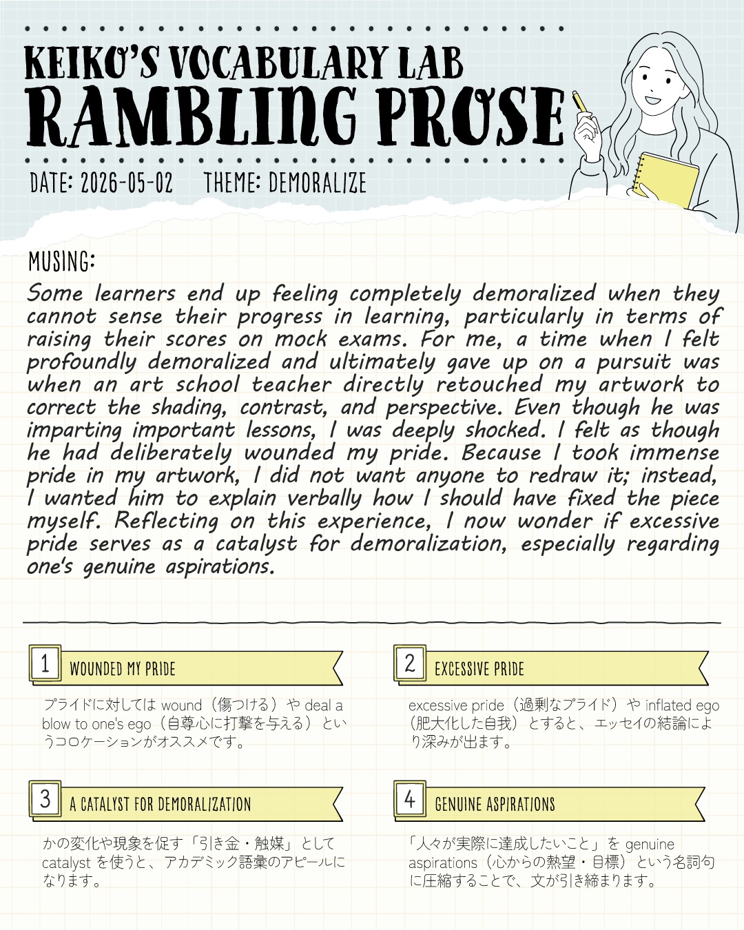 こんにちは！コヤマ ケイコです🐻‍❄️
#keikosramblingprose 
今日の「Keiko's Vocabulary Lab: Rambling Prose」のテーマは、DEMORALIZE（やる気を失わせる、落胆させる） です。

英語学習を頑張っている皆さん。
模試のスコアが上がらなかったり、気持ちが上がらないフィードバックを受けたりして、完全にやる気を失ってしまった（demoralized）経験はありませんか？

実はわたしにも、過去に心が完全に折れてしまった出来事があります。
美術学校に通っていたころ（美術科のある高校に行きたかったので！）、ある先生がわたしの作品に直接筆を入れ、陰影や遠近法を修正したことがありました。
大切な学びを与えてくれていると頭では分かっていても、私はひどくショックを受け、速攻でその画塾をやめました😂

今振り返ると、わたしの心を折ったのは先生の行動ではなく、わたし自身の 「過剰なプライド」 だったのだと気づきました。

大人になると、どうしてもプライドが高くなり、「直接指摘されること」「なにかを直されること」に傷つきやすくなります。
でも、そのプライドが壁となって、心から達成したい目標から遠ざかってしまうのは、本当にもったいないことだなぁと、この単語を見たときに、我が身を振り返って感じたのでした。

【🐻‍❄️ Shirokuma Vocabulary Lab】
1️⃣ wound my pride（プライドを傷つける）
「プライド」に対しては break などではなく wound（傷つける）や deal a blow to one's ego（自尊心に打撃を与える）というコロケーションがオススメです！

2️⃣ excessive pride（過剰なプライド）
ただの pride ではなく excessive をつけることで、「度が過ぎた自負心」を表現できます。inflated ego（肥大化した自我）と言い換えると、エッセイの結論により深みが出ます🔥

3️⃣ a catalyst for demoralization（やる気喪失の引き金）
何かの変化や現象を促す「引き金・触媒」として catalyst を使うと、一気にアカデミック語彙のアピールになります！

4️⃣ genuine aspirations（心からの熱望・目標）
「人々が実際に達成したいこと」をダラダラ書かず、この名詞句に圧縮することで、文章がキュッと引き締まります✨

皆さんの genuine aspirations（心から達成したい目標）は何ですか？
過剰なプライドはそっと横に置いて、フィードバックを素直に受け入れながら、今日も一緒に前進していきましょう🚀✨

---
＼ 英語学習の「わからない」を「できる！」に変える ／
🐻‍❄️ しろくまスタディセッション 🐻‍❄️
コヤマ ケイコが完全伴走する、あなただけのオーダーメイド英語指導です📝
単なる答え合わせではなく、詳細なフィードバックで「強みと弱み」を可視化し、目標達成への最短ルートをご提案します！

⭐️提供サービス
・対象：小学生〜大人のやり直し、シニアの方まで！
・内容： 英検や英語資格試験対策（なんでも対応）／受験・学校の授業対策
ライティング・要約の徹底添削／学習計画の作成に特化していますが、LR対策もバッチリ！

⭐️教材＆アイテム
デジタル・プリント版のオリジナル教材はこちら！
🔍検索「しろくまマーケット」
https://shirokuma-study-session.square.site/

⭐️レッスン詳細・お問い合わせはプロフィールのリンクへ！
▶ @shirokuma_study_session
---

#英検1級英作文 #英検1級2次 #英検対策 #英作文 #英検1級 #英検準1級 #英検 #受験勉強 #受験英語 #小学生の英検 #中学生英検 #高校生英検 #英検2次 #英検1級2次 #英検準1級二次試験 #英検1級合格を目指す会🌸 #英検2級 #英検準2級 #児童英語 #ホームスクーリング #おうち英語 #ホームスクーラー #英語育児 #シニア英語 #大人のやり直し英語 #英語勉強法