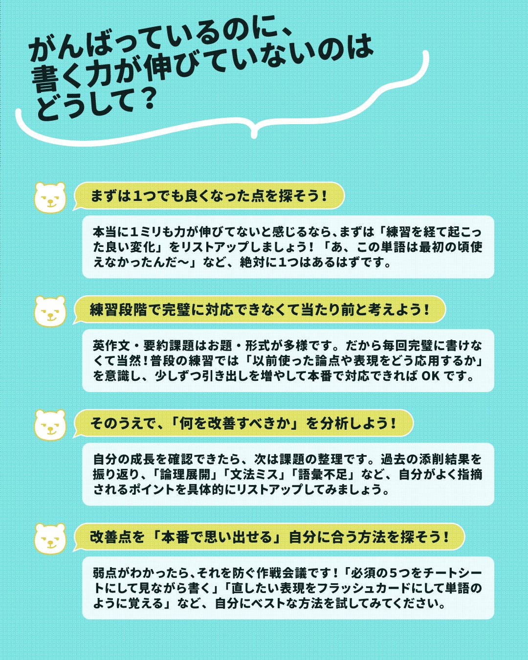 一生懸命、自由英作文と要約の練習を重ねてこられたみなさん。
今回の試験を経て、「あぁ、また全然上手く書けなかった。１ミリも成長してない…」と落ち込んでいませんか？

実はその「伸びていない」という感覚、あなたの「完璧主義なマインド」が原因かもしれません！
そのため、その伸びてないという実感は事実ではないような気がしています！
（わたしは試験後の受講生さんの悲観的な感想は、話半分でききます😂主観的すぎると判断材料にならないので！もちろん試験時に書いた具体的な構成メモはしっかり客観的にチェックします✒️✨）

真面目にがんばる人ほど、「100点満点の、納得のいくエッセイが書けない＝自分は全く成長していない」と思い込んでしまいがち。
でも、みなさんの練習量に比例してアイディア出しのスピードや、構成のバリエーションは確実に前進しています！これは間違いありません💮
だから試験でどんなスコアが来たとしても、「良くなっているポイント」は絶対にあります。
（ただ、もし練習回数が試験までに英作文要約それぞれ10回も満たない場合は、練習量を増やすことも考えてくださいね！）

現実的な解決策として、実は「自分は伸びていない」と感じる人ほど、「まったく同じミスを、何度も繰り返している」つまり「自分の弱点を放置したまま練習している」傾向にあると思います。
これは語彙文法だけじゃなく、時間配分や筆記にもあります。（ふだんパソコンばかりで文字を書く習慣がない人の場合特に！）

例えば、過去の添削でこんなこと、ありませんでしたか？

📝 「論理マーカー（This is because / For exampleなど）を使いましょう」とアドバイスされた
⇨ 次のエッセイでも使わずに書き続ける。

📝 「等位接続詞（And / Soなど）は文頭に置かず、文と文を繋ぐのに使いましょう」と指摘された
⇨ やっぱり次も文頭に置き続ける。

📝 「contribute to の “to” は前置詞なので、後ろは動詞の原形ではなく名詞（動詞なら-ing）です！」と念押しされた
⇨ 次の課題でも前置詞のあとに原形動詞を使ってしまう。

📝 「試験では１時間や２時間も自由英作文だけに使えないので、45分程度でいったん書き切りましょう！」と言われた
⇨ 次の課題もまたタイマーを無視して、完璧な完成を求めて１～２時間使って書き上げてしまう。

📝 「タイピングではなく、手書きで試験に挑む場合は、手書きで書いたうえで、文字数を段落ごとに数えましょう！」
⇨ 次の課題でも手書きせずにタイピングのみで出してしまう or 文字数を考慮しないで提出してしまう。（特に要約課題！）

心当たりのある方、いませんか？👀

どんなに素晴らしいアイディアが思い浮かんでも、毎回のようにお決まりの文法・構成ミスをしていては、そして試験時間を無視していては、当然試験本番の点数の伸びはストップしてしまいます。
（間違った文法は、ときに、自分の意図することとは異なる内容を示してしまうこともありますしね。）

だからこそ、画像にもある「課題の分析」と「本番で思い出すための工夫」が超・重要になってくるんです🔥

次なる試験を視野にいれている方はぜひ、新しいトピックをひたすら書きまくって「量」をこなす前に、まずは過去の添削を見返して「自分のしぶとい癖」を断ち切るためのアクションを取りましょう！
付箋に書いてデスクの前の壁や冷蔵庫に貼るだけでも、立派な対策ですよ✨

---
＼ 英語学習の「わからない」を「できる！」に変える ／
🐻‍❄️ しろくまスタディセッション 🐻‍❄️
コヤマ ケイコが完全伴走する、あなただけのオーダーメイド英語指導です📝
単なる答え合わせではなく、詳細なフィードバックで「強みと弱み」を可視化し、目標達成への最短ルートをご提案します！

⭐️提供サービス
・対象：小学生〜大人のやり直し、シニアの方まで！
・内容： 英検や英語資格試験対策（なんでも対応）／受験・学校の授業対策
ライティング・要約の徹底添削／学習計画の作成に特化していますが、LR対策もバッチリ！

⭐️教材＆アイテム
デジタル・プリント版のオリジナル教材はこちら！
🔍検索「しろくまマーケット」
https://shirokuma-study-session.square.site/

⭐️レッスン詳細・お問い合わせはプロフィールのリンクへ！
▶ @shirokuma_study_session
---

#英検1級英作文 #英検1級2次 #英検対策 #英作文 #英検1級 #英検準1級 #英検 #受験勉強 #受験英語 #小学生の英検 #中学生英検 #高校生英検 #英検2次 #英検1級2次 #英検準1級二次試験 #英検1級合格を目指す会🌸 #英検2級 #英検準2級 #児童英語 #ホームスクーリング #おうち英語 #ホームスクーラー #英語育児 #シニア英語 #大人のやり直し英語 #英語勉強法