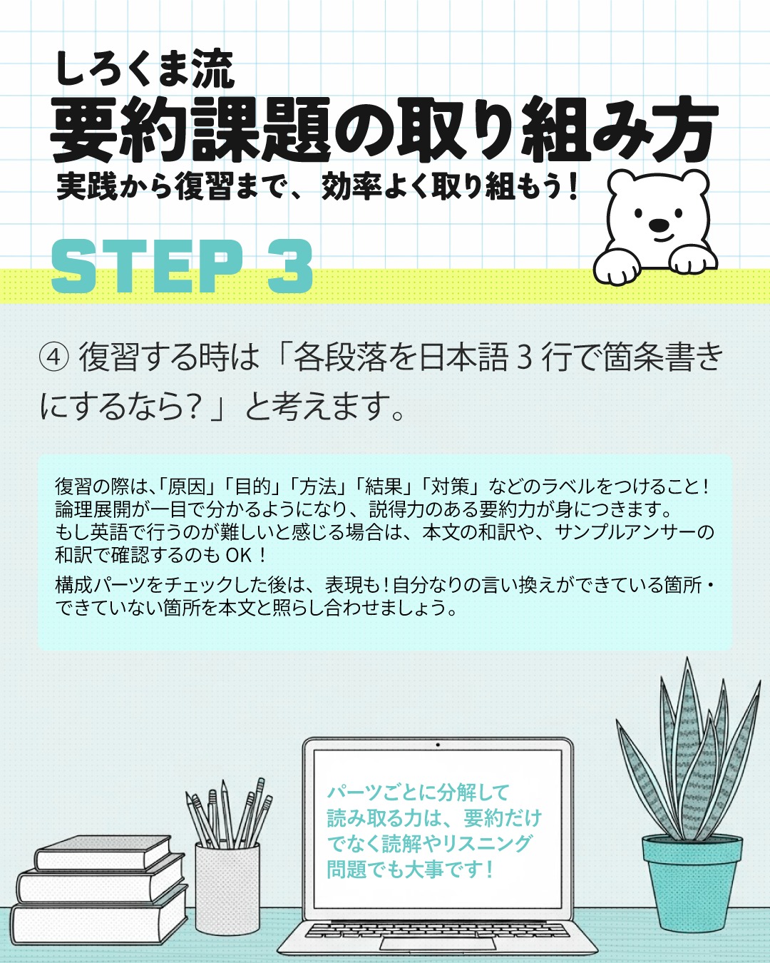 やりっぱなしは学習効果が上がらずもったいない！
しろくま流・要約課題の取り組み方、いよいよSTEP 3の「復習編」です🐻‍❄️✨

要約を書いた後、ただ解答を読んで「ふーん」で終わっていませんか？
実は、一番英語力が伸びるのは「書いた後の復習」の時間です！

復習するときは、長文の各段落を以下の「要素」に分解してノートに書き出してみましょう。

①メインの主張（要するに何が言いたい？）
②目的・理由（なんのために？なんで？）
③結果（最終的にどうなる？）

さらに！「⇨」などの記号を使えば時間短縮！

（例）
・[問題] プラスチックごみの増加
・[原因] 地方の人口減少
　　⇨ [結果] 地域経済の停滞

最初は、綺麗な日本語の文章にならなくても大丈夫です。
「単語の羅列」や「記号」でササッとメモするだけでも、立派な論理展開のトレーニングになります✨
英語で書くのがしんどい時は、和訳を見ながら日本語で構造を抜き出すだけでも効果は絶大です！

構造（パーツ）をしっかり分解できたら、最後は「表現」の確認です👀
本文の言葉をそのまま写さず、「自分なりの言い換え（パラフレーズ）」ができているか照らし合わせてみましょう。
ここを意識すると、ライティングの点数がグッと安定します！（英作文も🎵）

長文を段落ごとに、そしてパーツごとに分解して読み取る力は、要約だけでなく、リーディングやリスニング問題でも役立ちます。
「今日の長文、ちょっと矢印で整理してみようかな？」と思ったら、ぜひ保存して日々の学習に取り入れてみてくださいね🎵

---
＼ 英語学習の「わからない」を「できる！」に変える ／
🐻‍❄️ しろくまスタディセッション 🐻‍❄️
コヤマ ケイコが完全伴走する、あなただけのオーダーメイド英語指導です📝
単なる答え合わせではなく、詳細なフィードバックで「強みと弱み」を可視化し、目標達成への最短ルートをご提案します！

⭐️提供サービス
・対象：小学生〜大人のやり直し、シニアの方まで！
・内容： 英検や英語資格試験対策（なんでも対応）／受験・学校の授業対策
ライティング・要約の徹底添削／学習計画の作成に特化していますが、LR対策もバッチリ！

⭐️教材＆アイテム
デジタル・プリント版のオリジナル教材はこちら！
🔍検索「しろくまマーケット」
https://shirokuma-study-session.square.site/

⭐️レッスン詳細・お問い合わせはプロフィールのリンクへ！
▶ @shirokuma_study_session
---

#英検1級英作文 #英検1級2次 #英検対策 #英作文 #英検1級 #英検準1級 #英検 #受験勉強 #受験英語 #小学生の英検 #中学生英検 #高校生英検 #英検2次 #英検1級2次 #英検準1級二次試験 #英検1級合格を目指す会🌸 #英検2級 #英検準2級 #児童英語 #ホームスクーリング #おうち英語 #ホームスクーラー #英語育児 #シニア英語 #大人のやり直し英語 #英語勉強法