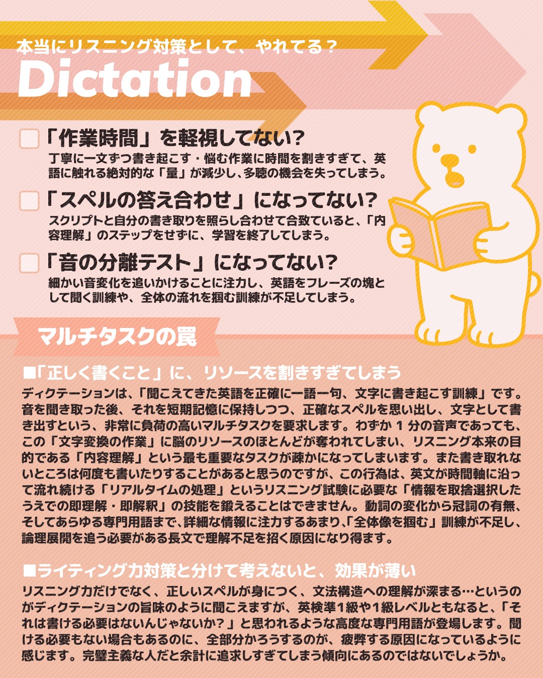 こんにちは！しろくまスタディセッションのコヤマ ケイコです🐻‍❄️リスニング対策のやり方シリーズ、３枚目！
今日のテーマは「ディクテーション」です。学校の授業内のテストで使われたりしますね。
わたしは「スペルテストになってない？」と疑問に感じていたので１度も採用したことないですが😂英語に苦手意識が強い生徒にスペルも内容も瞬時に理解・判断・筆記させるのは酷だと思い…。
だいたい学校の「目的意識なしにやるテストや課題」が一番嫌で！実施する側からみても理不尽に感じることが多く…（特に単語20回スペル練習✕300語みたいな夏休みに出すと言われたときには…😂）

そんなわけでこのリスニング対策シリーズは、「なんの方法をとるにしても、目的意識を明確に」というのが大きなテーマです！

さて、話をもとに戻して、ディクテーションなんですが、ディクテーションの「目的」と「負荷設定」が間違っていることが多くて、「リスニング対策としてやっています！」と言われると心配になることが多々あります。

ということで、リスニング対策としての効果的なやり方はこちら🎵
１つ目のステップで、この先どうするか！？が大きく変わります。なにを目的としたいのか、しっかり考えてくださいね🎵

1️⃣全体を聴き内容を掴む【最も重要！リスニング対策を重視するなら、ディクテーションをせずに、ここで終わってもOK！！】 
書き取りに入る前に、まず音声を通しで1回通しでき、スクリプトを見ずに大まかな内容（全体像）と話の流れを掴みます。 

ただし！今使っている音源、スクリプトなしで全体のテーマを日本語で説明できますか？もし「難しい」「ほとんどできてない」と感じたら、それはレベルオーバーのサインです。
もしディクテーションを継続するなら、今日からは準1級や2級の音源に切り替えて、『音の正確なキャッチ』に特化しましょう。

１級受験者が１級音源を聴く目的： 複雑な語彙、難解な文法、高度な論理展開を理解する力（内容理解力）を試すことにあります。 

１級受験者が準１以下レベル音源でディクテーションする目的： 「音と文字の正確な一致」や「音声変化の習得」といった技術的なリスニング力を鍛えることにあります。

 もし1級音源でディクテーションを行うと、音の処理（技術）と内容の理解（知識）の両方で高い負荷がかかりすぎ、「マルチタスクの罠」に陥ります。
結果として、音の聞き取りという技術的な訓練に集中できず、時間ばかりが浪費されてしまうのです。 そのため、内容理解が容易な準1級や2級の音源を選び、負荷を下げて「音の正確な聞き取り」というディクテーションの本来の目的に集中することが、最も効果的です。

2️⃣ディクテーションをフレーズごとに区切って行う（抽象から具体的な理解へ！） 
音声一文が流れるたびに一時停止し、聞き取れた文章をノートに書き起こします。聞き取れなかった箇所は空欄のまま、繰り返し聴く回数を極力減らし、次の文章へと進みます。これにより、全体の量をこなす時間を確保します。 
※字の丁寧さに固執しないことも大事です。 字の丁寧さを追求することは、貴重な作業時間を浪費する原因となり、音の正確な聞き取りというディクテーションの本来の目的に集中できなくなります。一時的なメモ書きとして割り切り、スピードと音の正確なキャッチに集中してください。

3️⃣自己添削と答え合わせ 
音声全体を書き終えたら、まずは自分の力で、空欄箇所を推測や文脈から埋めてみます。その後、スクリプト（正解の文章）と照らし合わせ、正しく書けているかを確認し、丸つけします。 ※英作文で書かないようなスペルの正確性を重視しないことが大事です。
ただし、この作業の目的は、スペルテストではなく「音の聞き取りの検証」です。
英作文で確実に使える語彙や、文法に関わる語句の正確性は重視しますが、リスニングの本質に関わらないマイナーな固有名詞や極めて高度な専門用語のスペルミスに時間をかけすぎる必要はありません。

4️⃣原因分析と復習（２をやったら、必ずこれもやる！２や３で終わるのはNG！！）
 「どこが間違っていたか」だけでなく、「なぜ聞き取れなかったのか」を徹底的に分析します。具体的には、音が繋がっていた（リエゾン）のか、知らない単語だったのか、文法構造を誤解したのかを確認し、理解を深めます。
 ※情報の取捨選択として、取るべきものなのか、捨ててもいいものか、判断します。 英検1級レベルの長文リスニングでは、論理展開のキーとなる主語、動詞、接続詞、そして重要な主張をサポートする情報が「取るべき情報」です。
一方で、詳細な例示や、話の流れを追う上で不可欠ではない修飾語句などは「捨ててもいい情報」として判断し、どの情報が内容理解に必須かを意識的に区別します。

---

#英検1級英作文 #英検1級2次 #英検対策 #英作文 #英検1級 #英検準1級 #英検 #受験勉強 #受験英語 #小学生の英検 #中学生英検 #高校生英検 #英検2次 #英検1級2次 #英検準1級二次試験 #英検1級合格を目指す会🌸 #英検2級 #英検準2級 #児童英語 #ホームスクーリング #おうち英語 #ホームスクーラー #英語育児 #リスニング